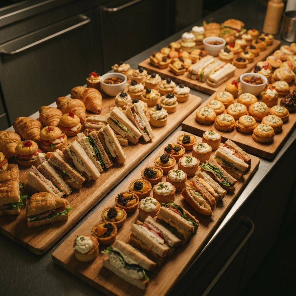 A spread of catering platters with sandwiches, pastries and finger foods