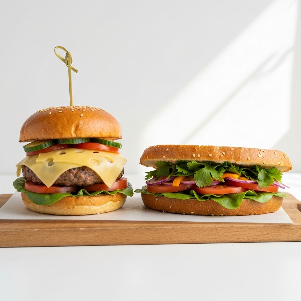 A gourmet burger and sandwich served on a wooden board
