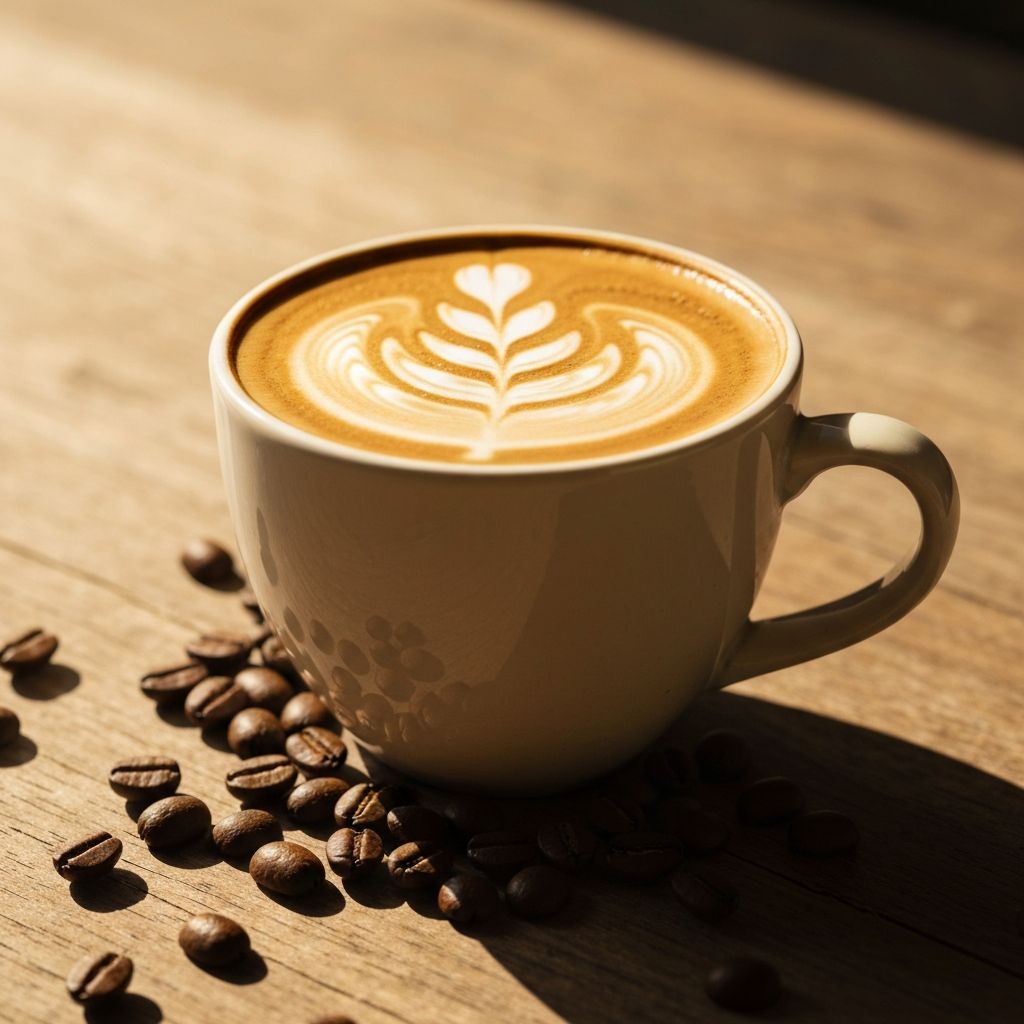 A beautifully crafted flat white coffee with latte art in a ceramic cup